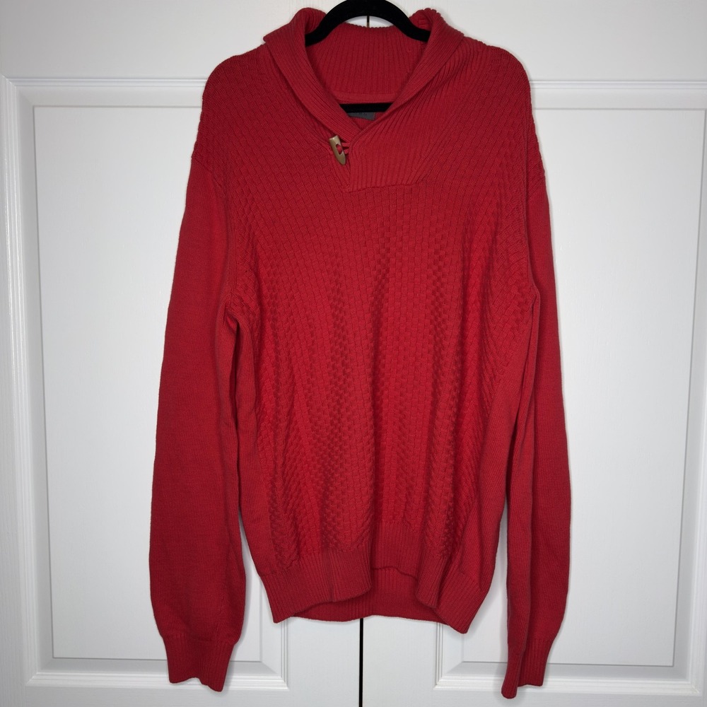 Sean John Sweater Mens XL Red Shawl Collar Toggle Waffle Knit Cotton Pullover